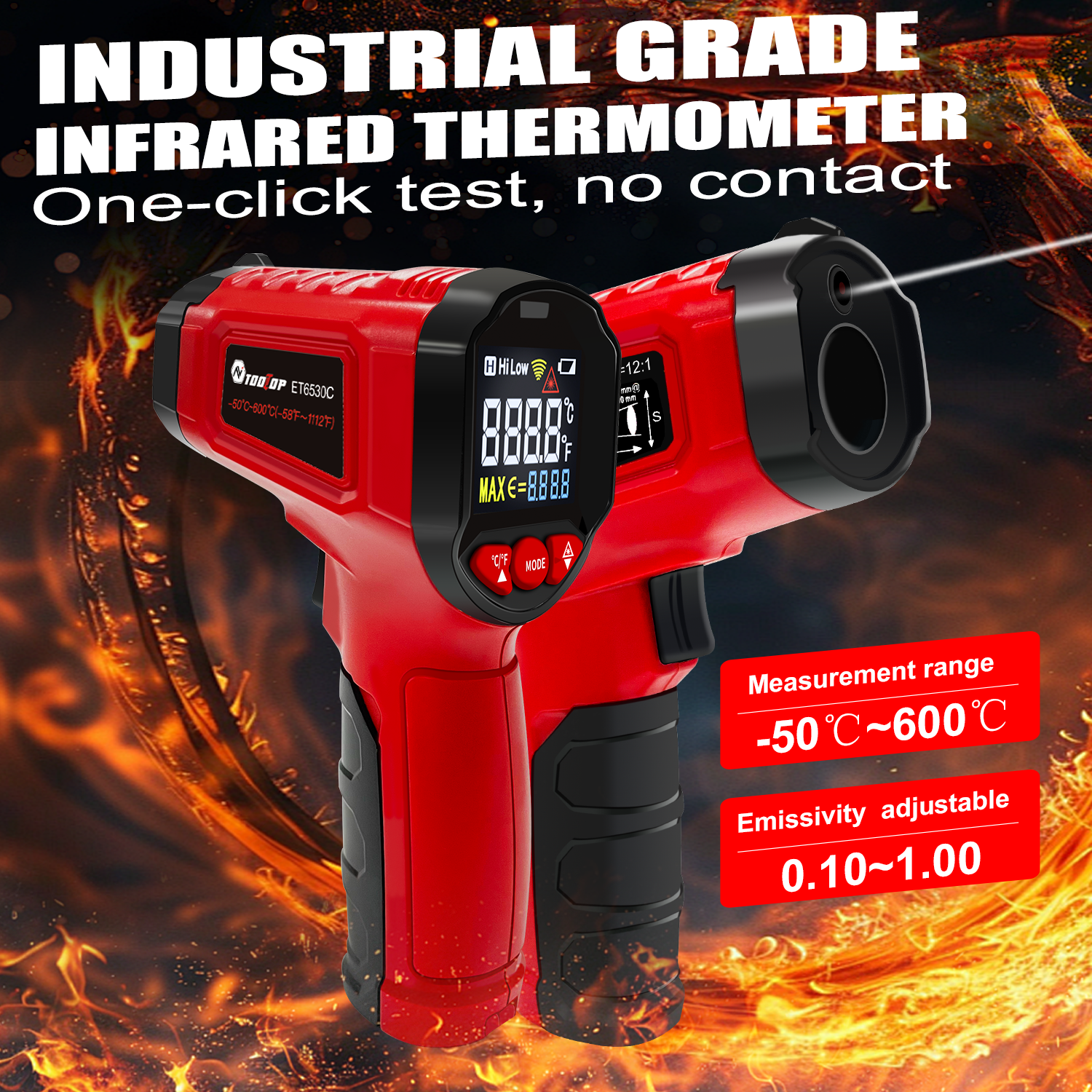 Industrial Laser Thermometer - TOOLTOP ET6530C -50°C-600°C Handheld Digital Thermometer